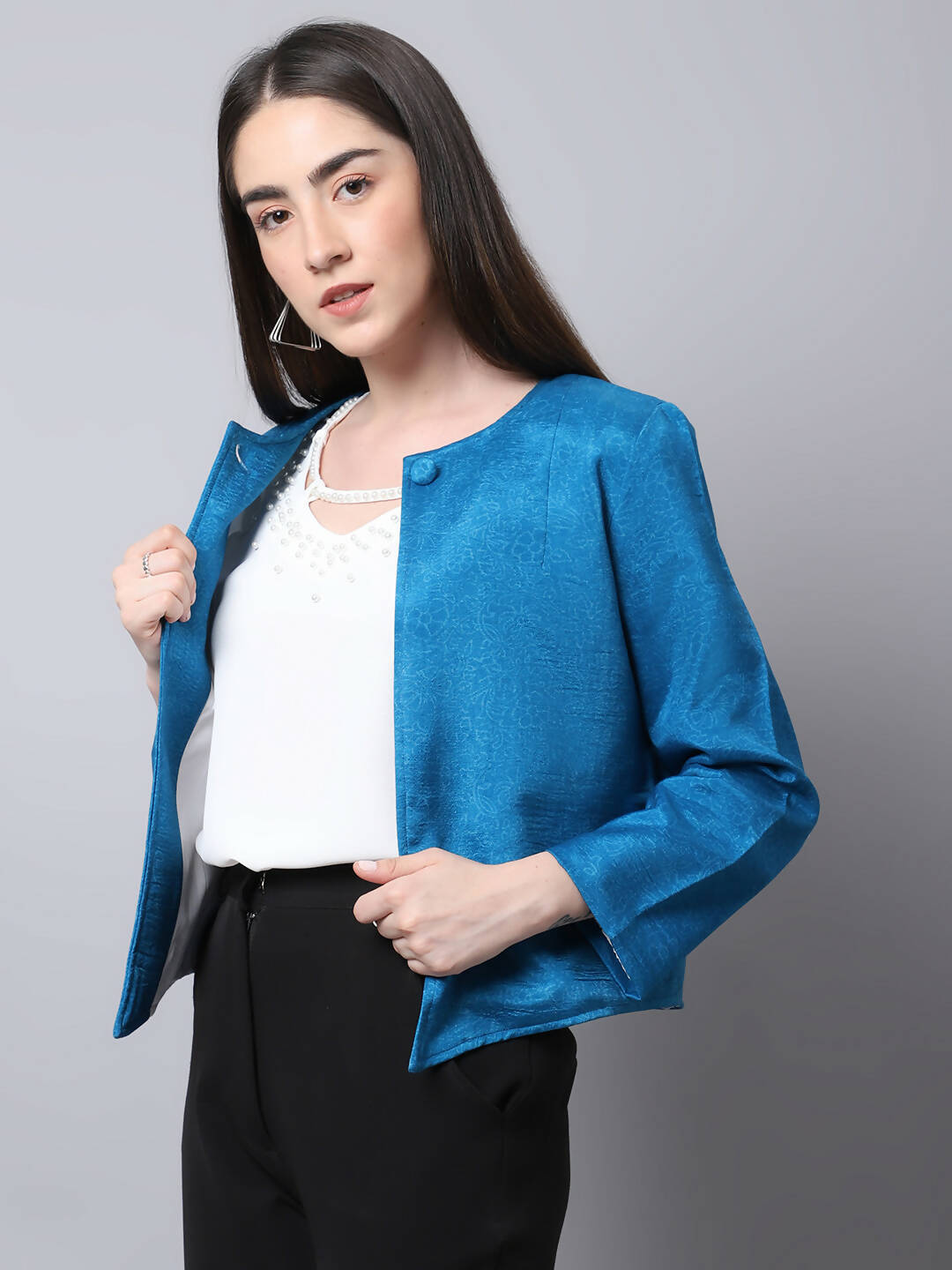 Even Apparels Blue 100% Viscose Open Front Statement Women's Jacket | Swadesiicart