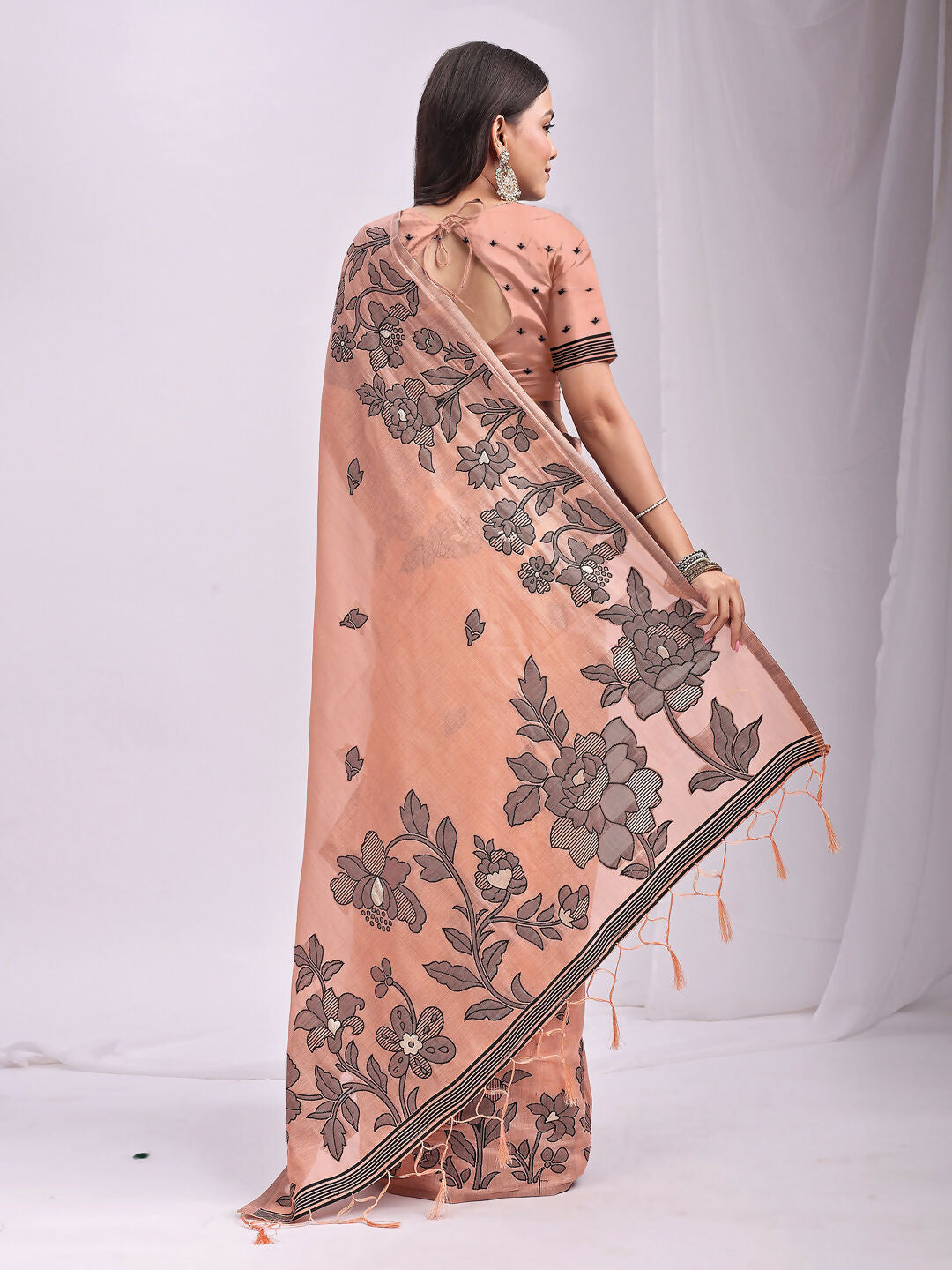 Shree Shyam Fashion Kashira Orange Linen Cotton Saree