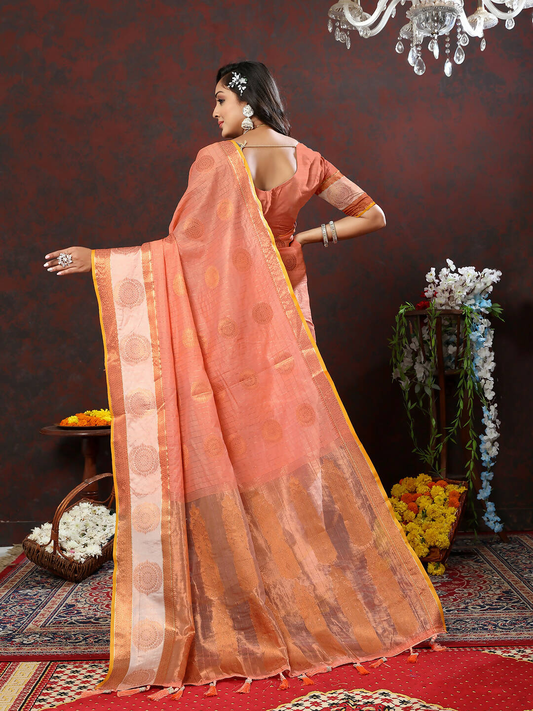 Lorenvalley Fashion Peach Cotton with Woven Design Zari Weaving Saree - Swadesiicart