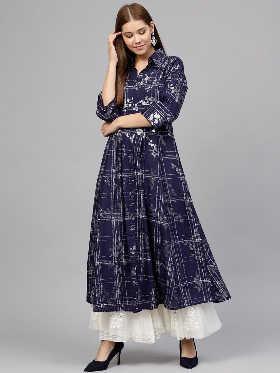 Ahalyaa Women's Navy Blue Cotton Printed Kurta | Swadesiicart