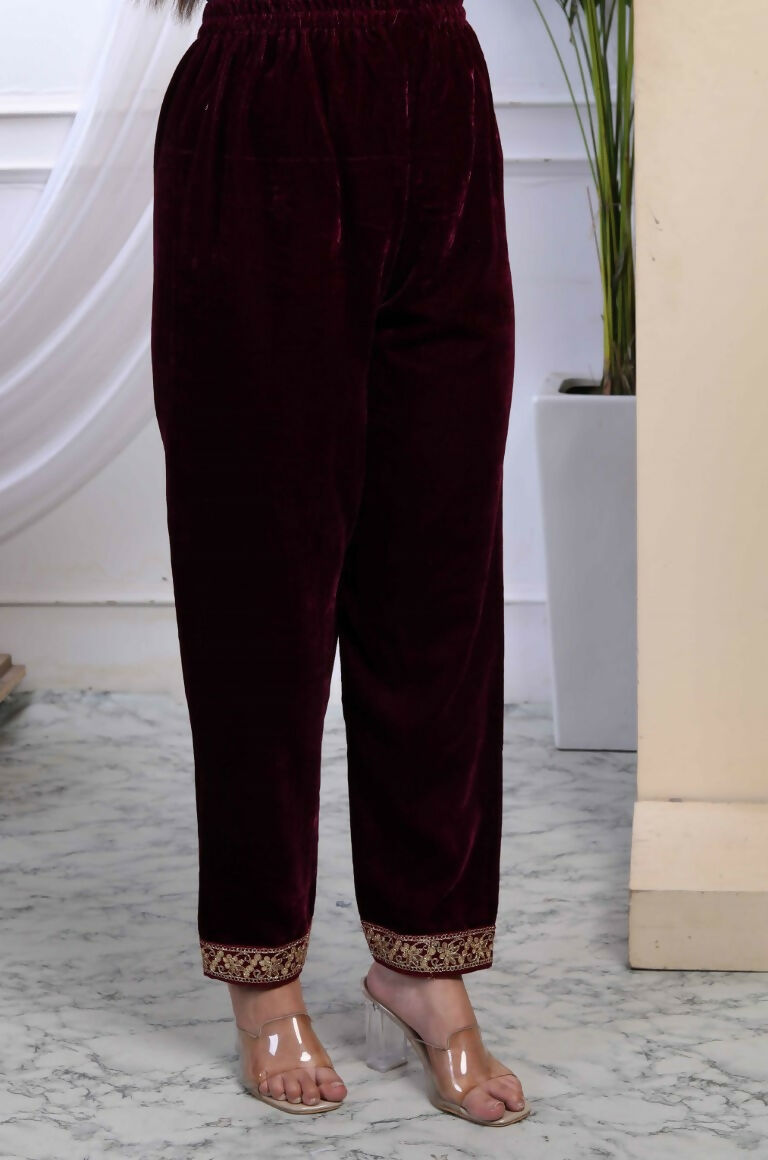 Miravan Women's Wine Embroidered Velvet Co-ord Set - Swadesiicart