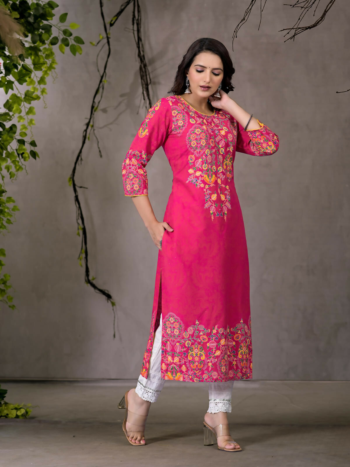 Juniper Women's Pink Thread Embroidered Liva Rayon Kurta With Sequins & Beads - Swadesiicart