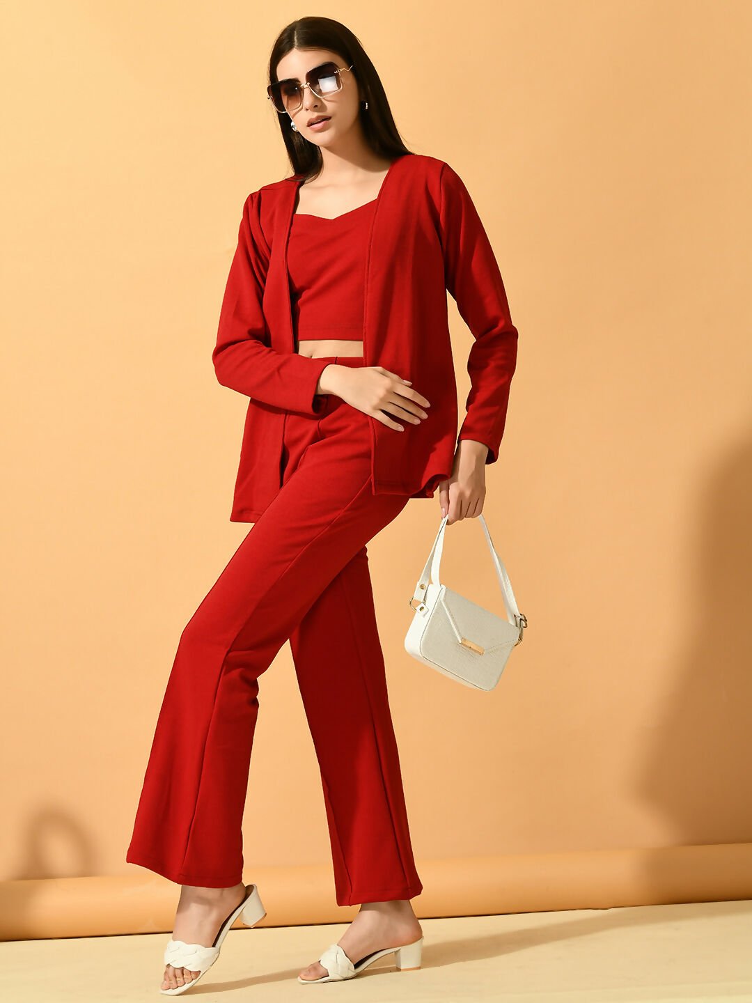 Myshka Women's Red Solid Coat With Trousers - Swadesiicart