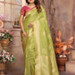 Anaita Light Green Soft Silk With Zari Weaving Borders Saree With Blouse