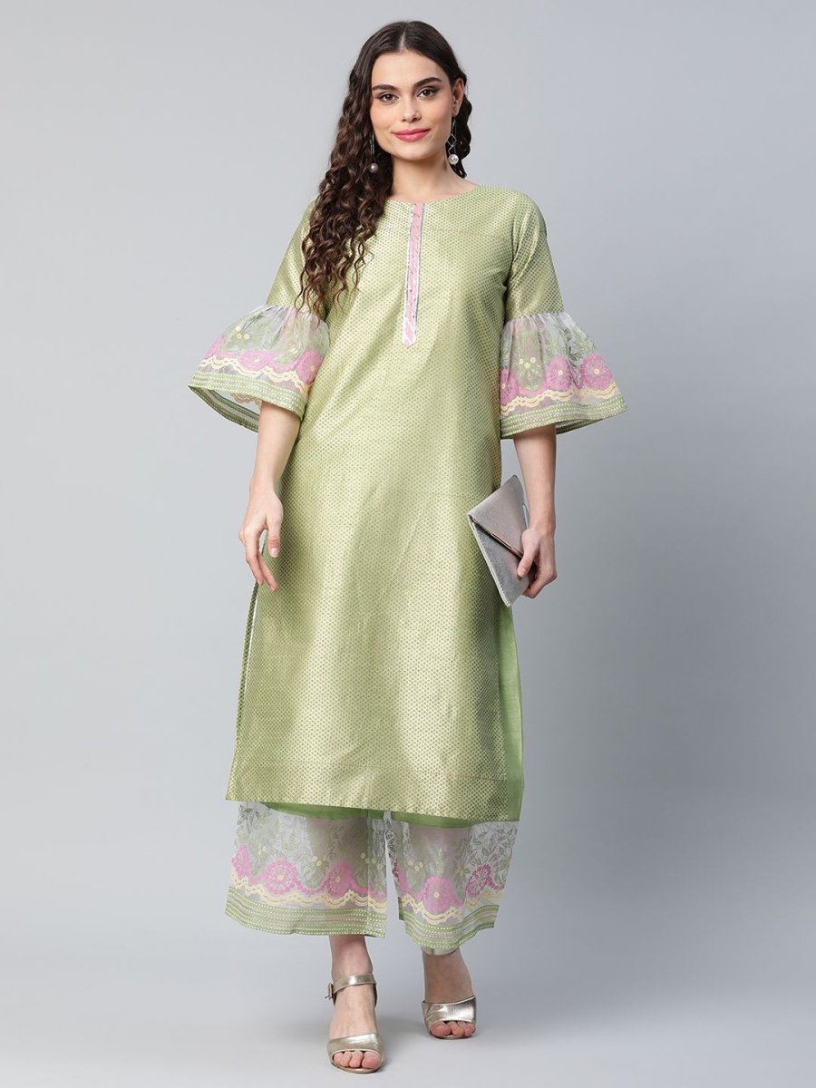 Ahalyaa Women's Light Green Poly Silk Gold Printed Kurta Palazzo Set | Swadesiicart