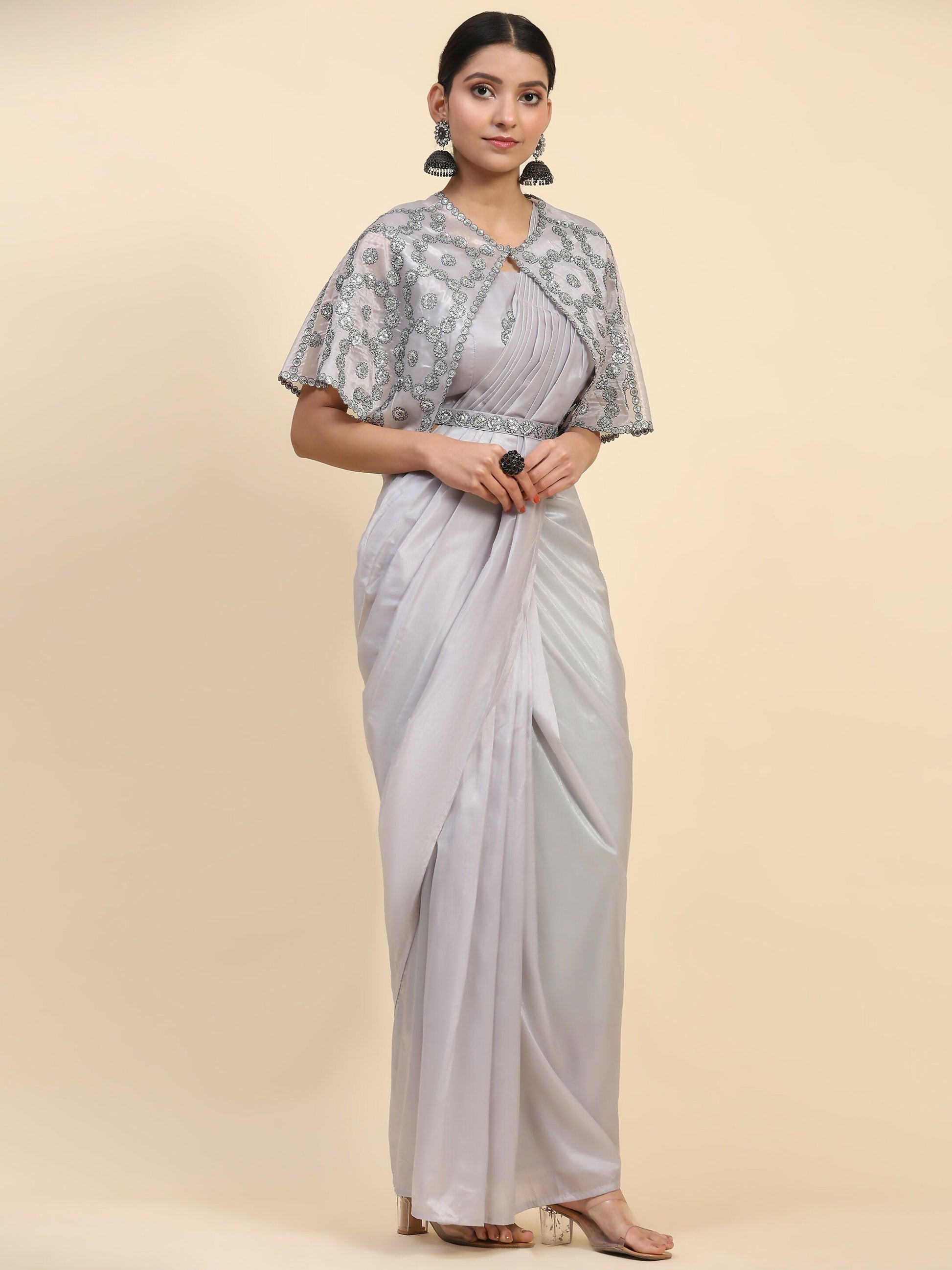 Grey Satin Solid Ready to wear Saree with stitched Blouse - Vanita | Swadesiicart