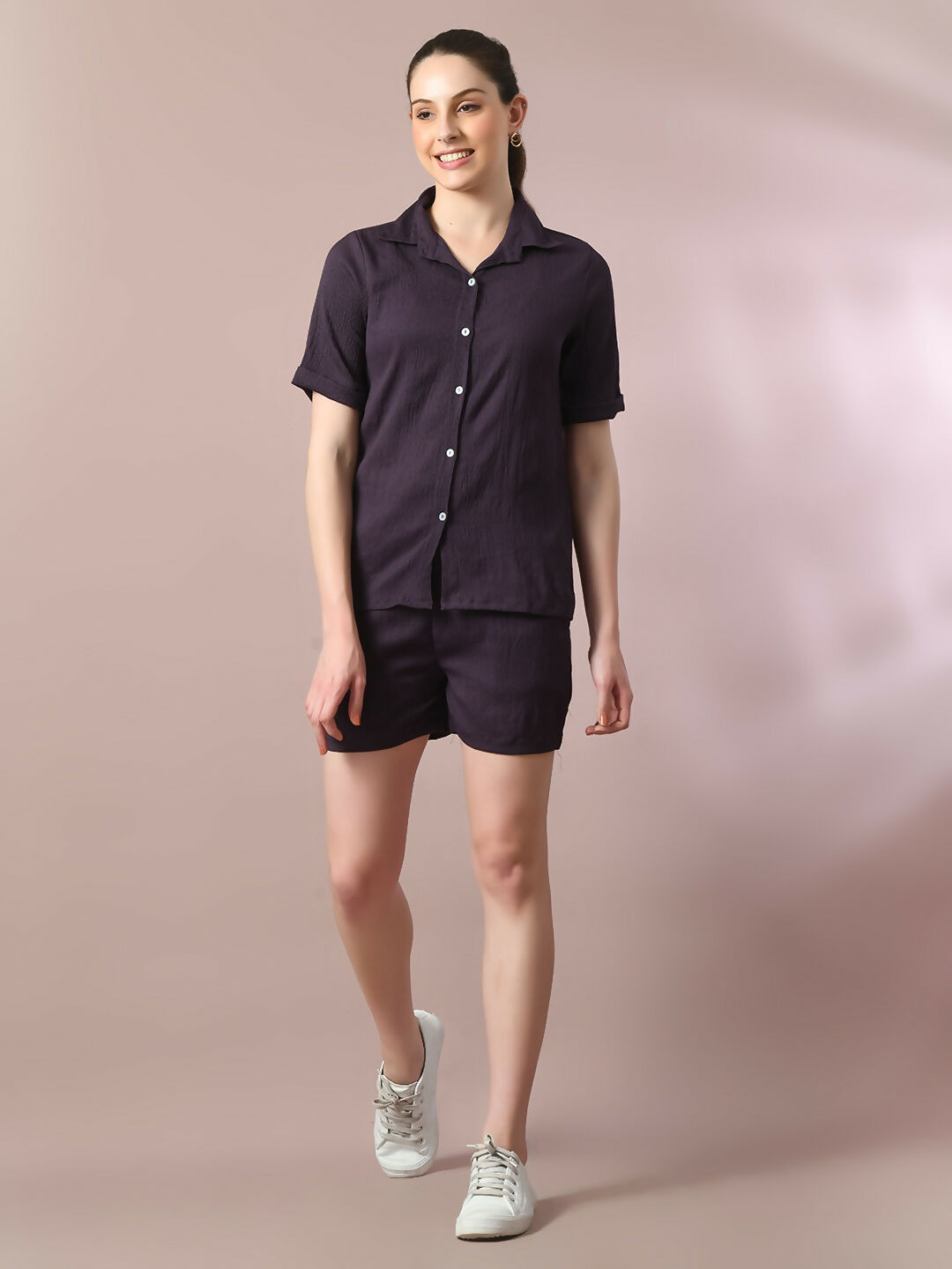 Myshka Women's Violet Solid Shirt Collar Party Shirt With Shorts Co-ord set - Swadesiicart