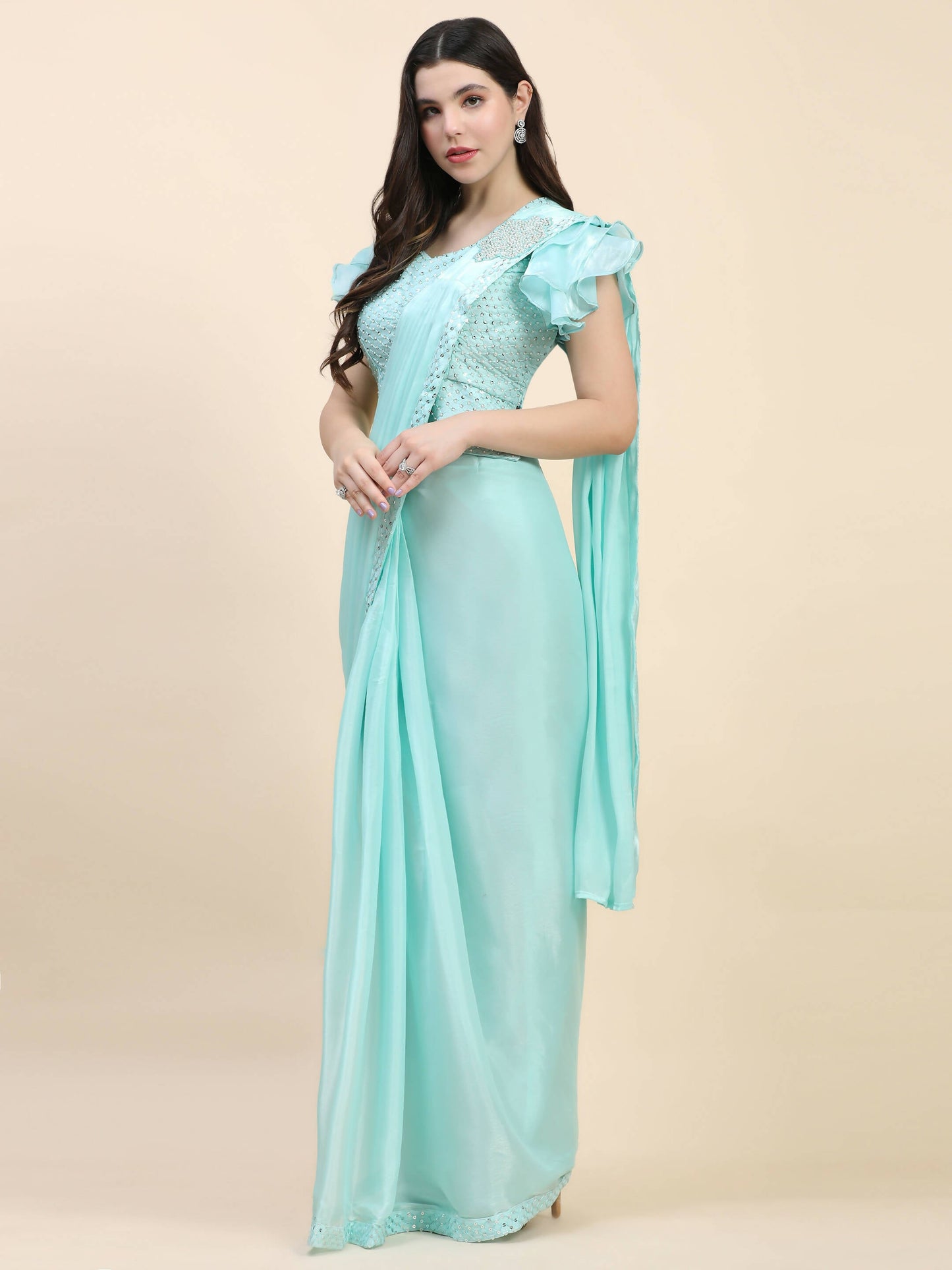 Light Blue Silk Satin Sequence Work Ready to Wear Saree with stitched Blouse - Nirvana | Swadesiicart