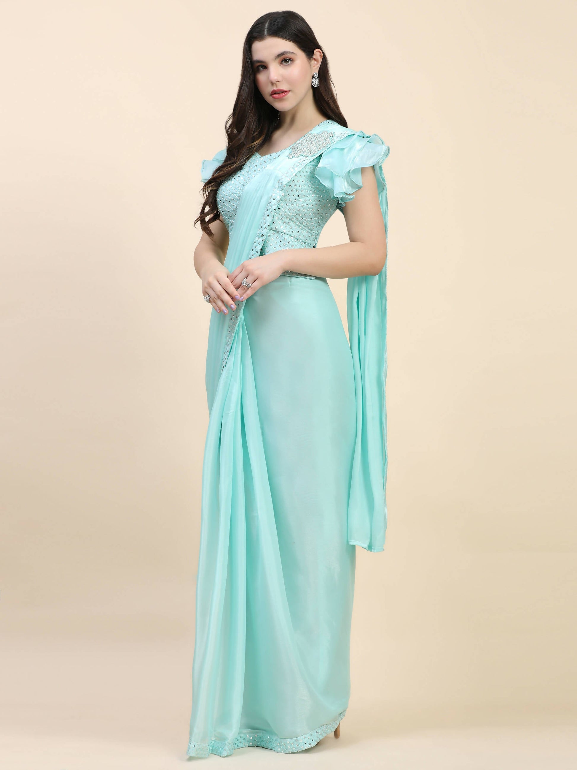 Light Blue Silk Satin Sequence Work Ready to Wear Saree with stitched Blouse - Nirvana | Swadesiicart