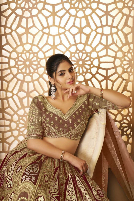 Kesar Fab Coffee Banarasi Silk Embroidered Lehenga | Swadesiicart