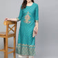 Anubhutee Peacock Blue Kurta Set with Golden Traditional Motifs - Swadesiicart