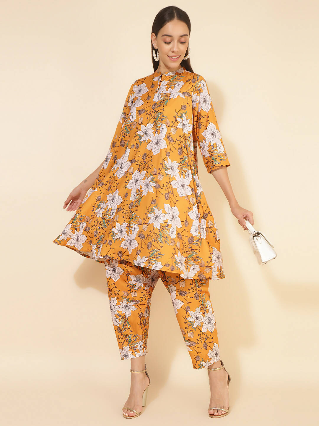 Janasya Women's Mustard Moss Digital Floral Printed Casual A-line Co-ords - Swadesiicart