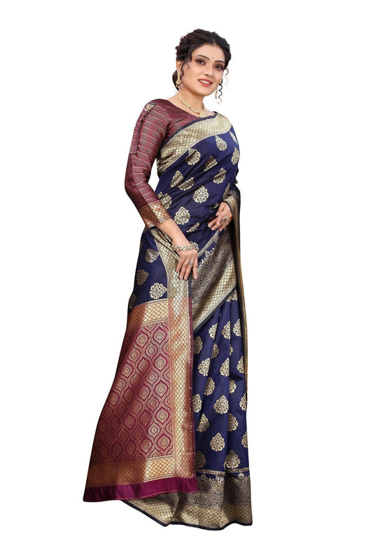 Vamika Ethnic Fire Navy Blue Weaving Banarasi Jacquard Saree | Swadesiicart