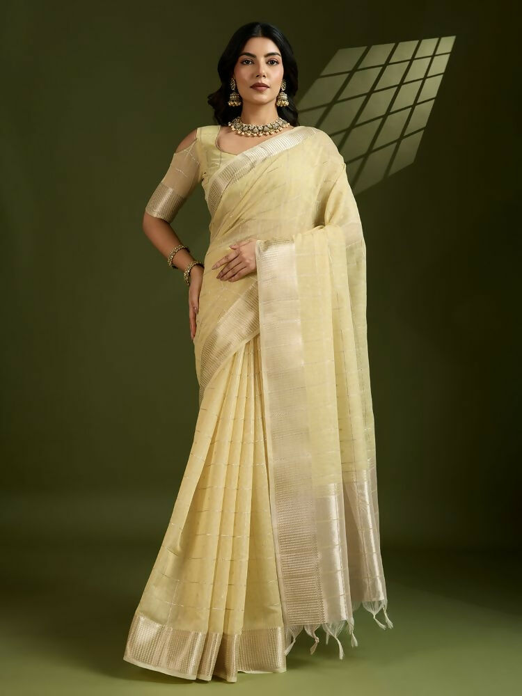 Vishnu Weaves Women's Yellow Soft Silk Zari Woven Saree with Blouse - Swadesiicart