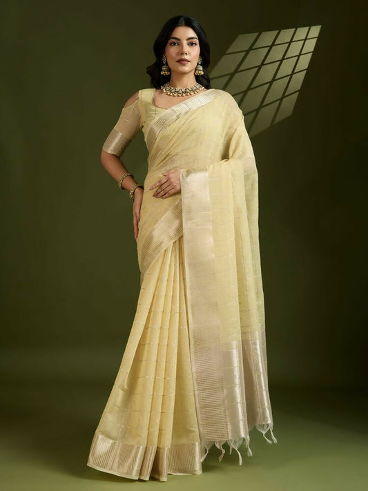 Vishnu Weaves Women's Yellow Soft Silk Zari Woven Saree with Blouse - Swadesiicart