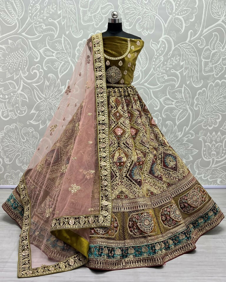 Jyoti Fashion Women's Mehendi Velvet Dori, Multi Thread Embroidered with Zircon Diamond Work Wedding Lehenga Choli | Swadesiicart
