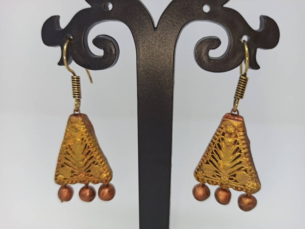Terracotta Boho Ear Hangings-Copper Gold | Swadesiicart
