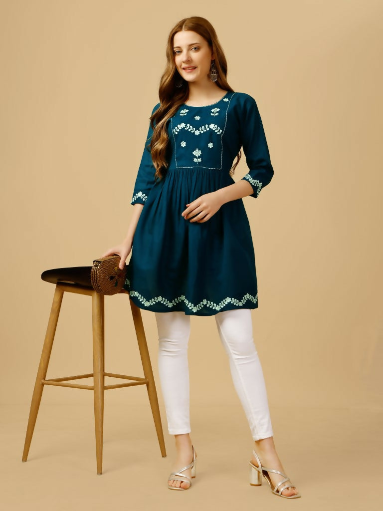 Jyoti Fashion Women's Blue Viscose Rayon Embroidered Casual Top | Swadesiicart