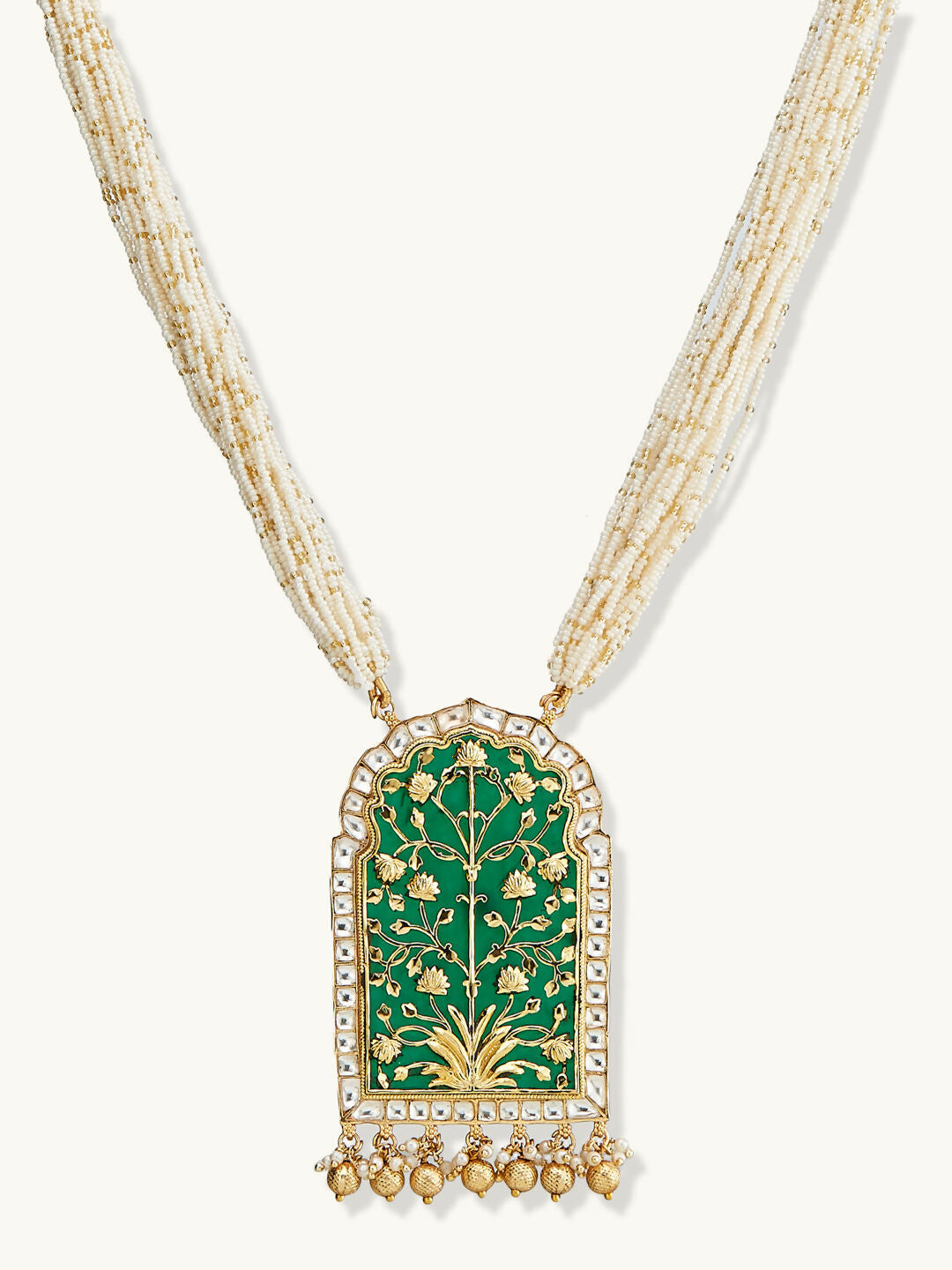 Nuyug 22K Gold-Plated Pearl Beaded Strings Green Enamel Pendant with Floral Motifs Necklace Set | Swadesiicart
