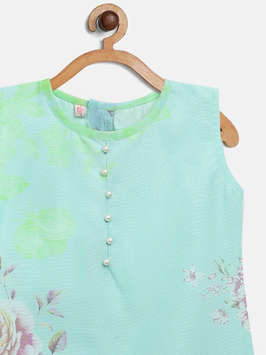Ahalyaa Aqua Blue Crepe Printed Kids Kurta Palazzo Sets For Girls | Swadesiicart