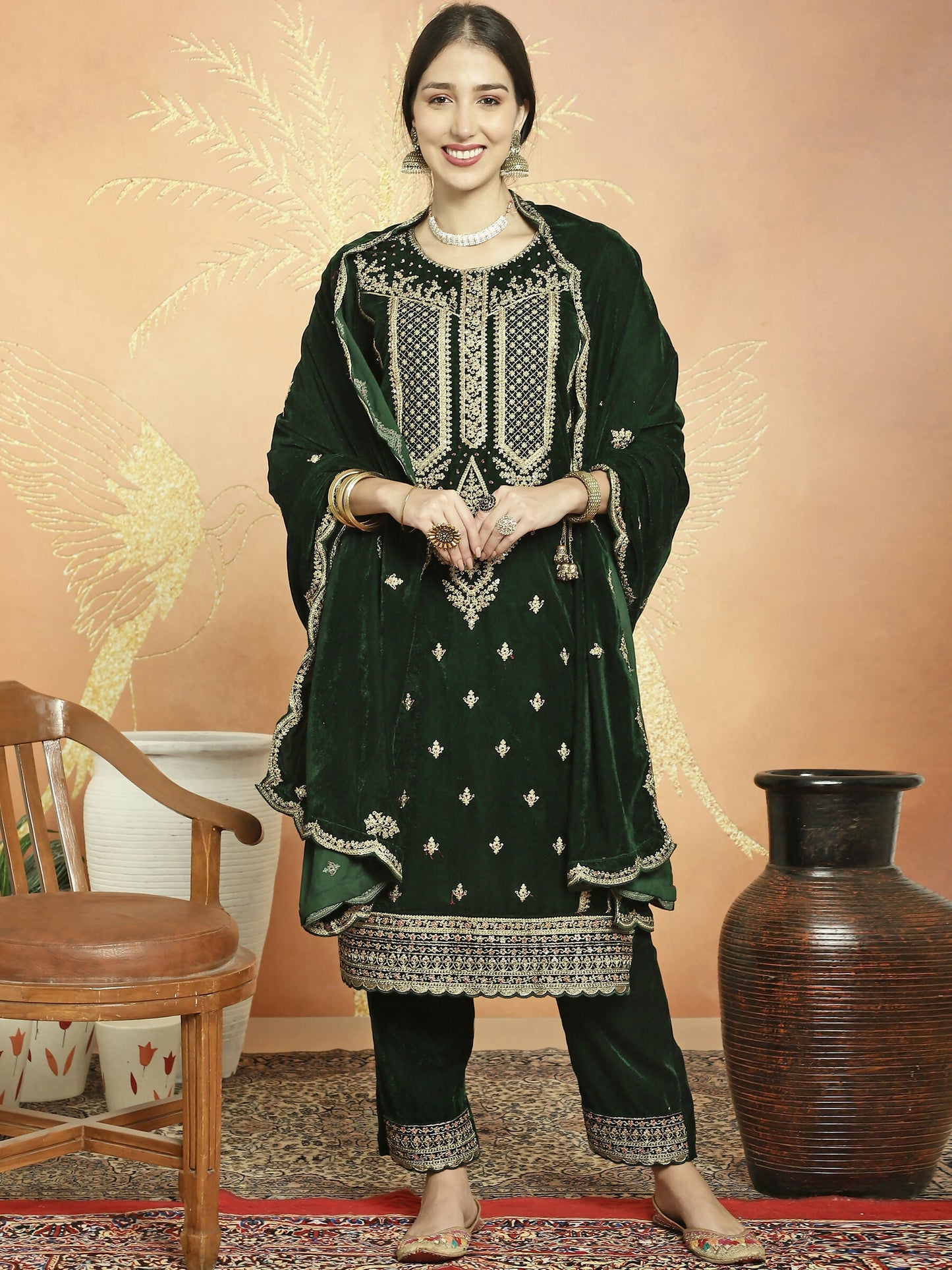 Jyoti Fashion Women's Green Velvet Cording with Resham Thread & Sequin Kurta with Trouser & Dupatta | Swadesiicart