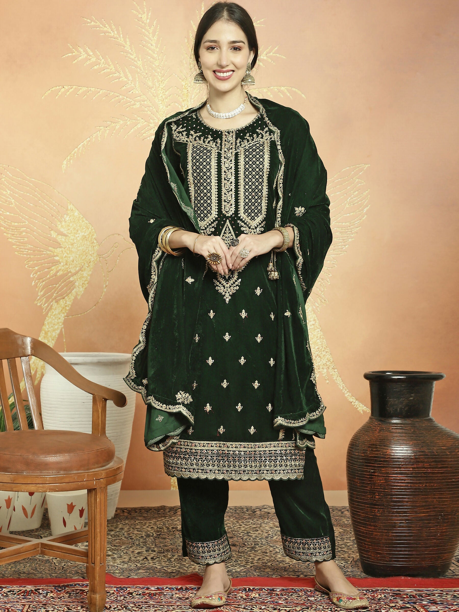 Jyoti Fashion Women's Green Velvet Cording with Resham Thread & Sequin Kurta with Trouser & Dupatta | Swadesiicart