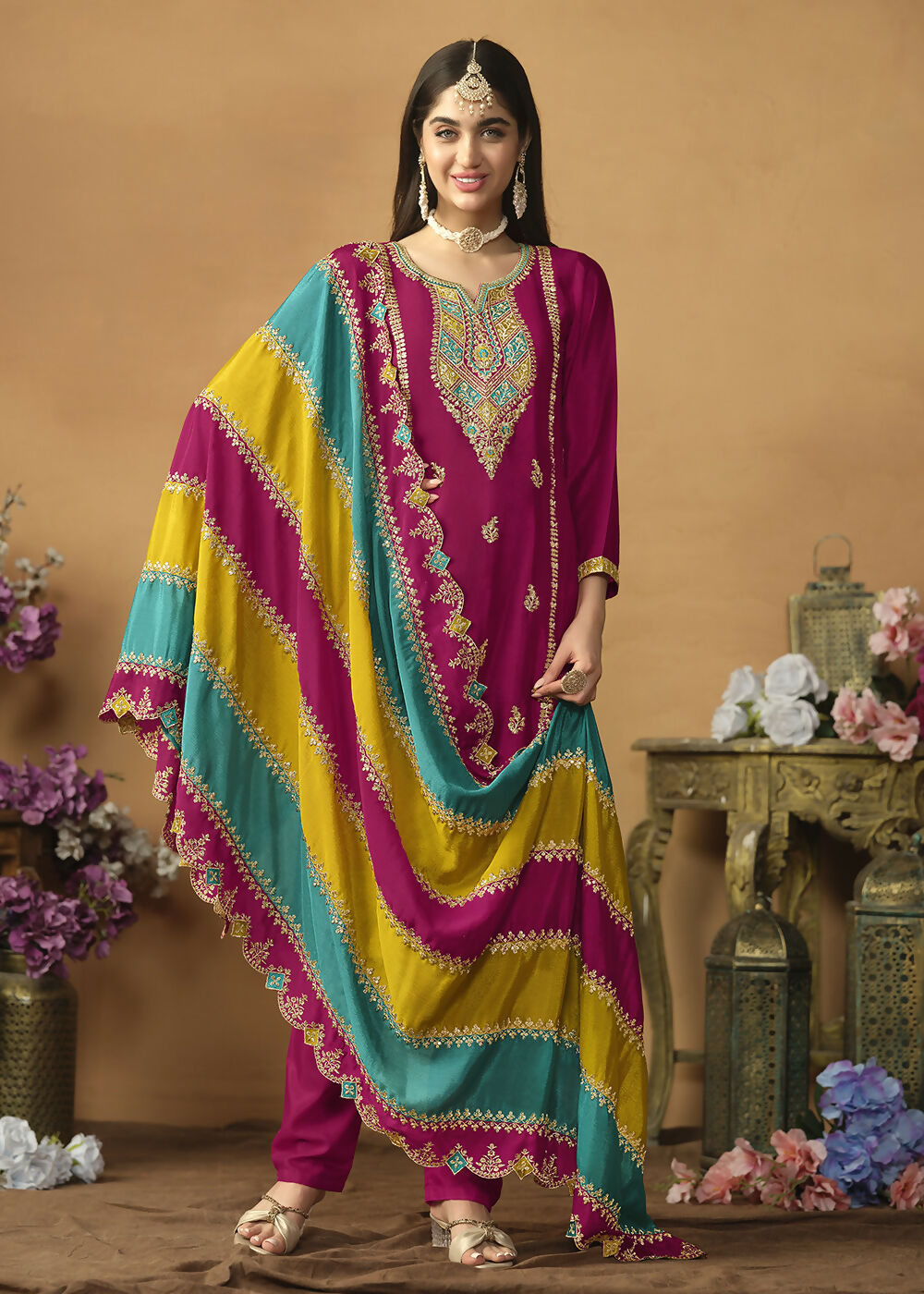 Chinnon Silk Pink Salwar Suit with Multicolor Dupatta - Emponline | Swadesiicart