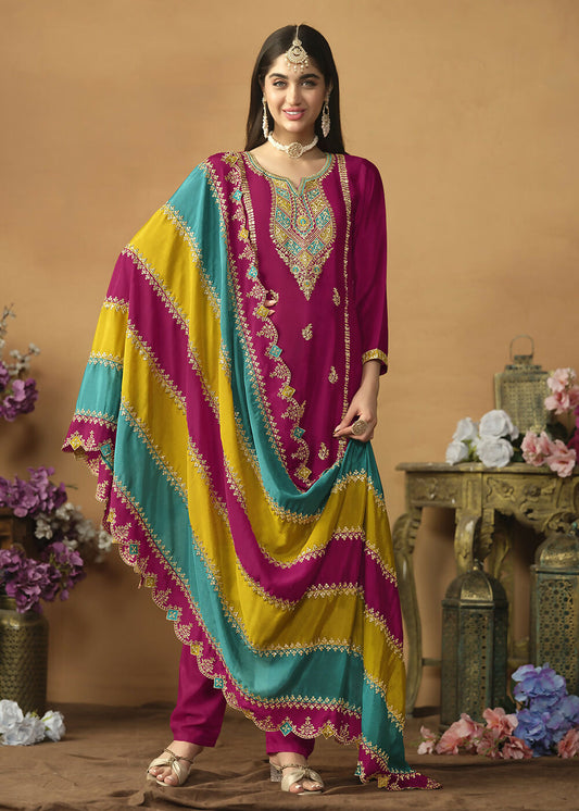 Chinnon Silk Pink Salwar Suit with Multicolor Dupatta - Emponline | Swadesiicart