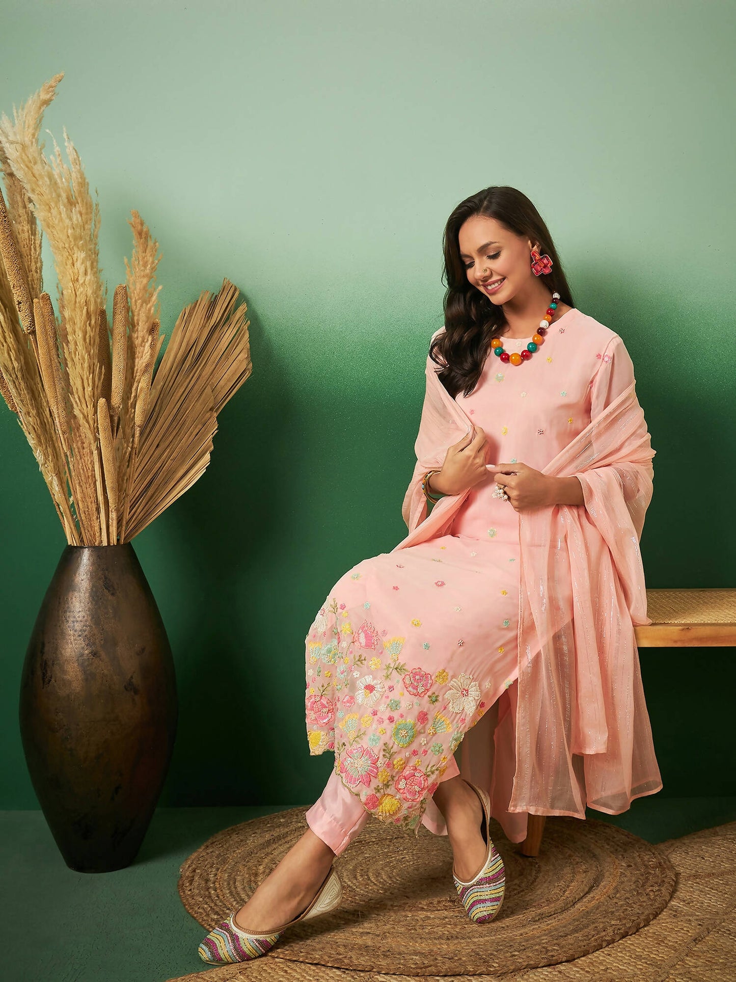 Peach Georgette Handwork Unstitched Dress Material - Hanika | Swadesiicart