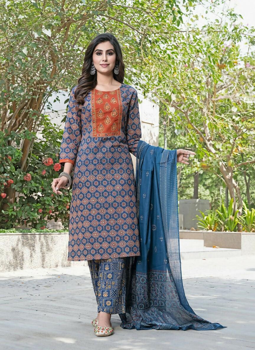 BulBul Aaliya Classic Cotton Navy Kurta Set with Dupatta - Swadesiicart