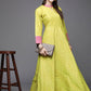 Ahalyaa Women Lime Yellow & Pink Printed Pleated A-Line Maxi Ethnic Dress | Swadesiicart