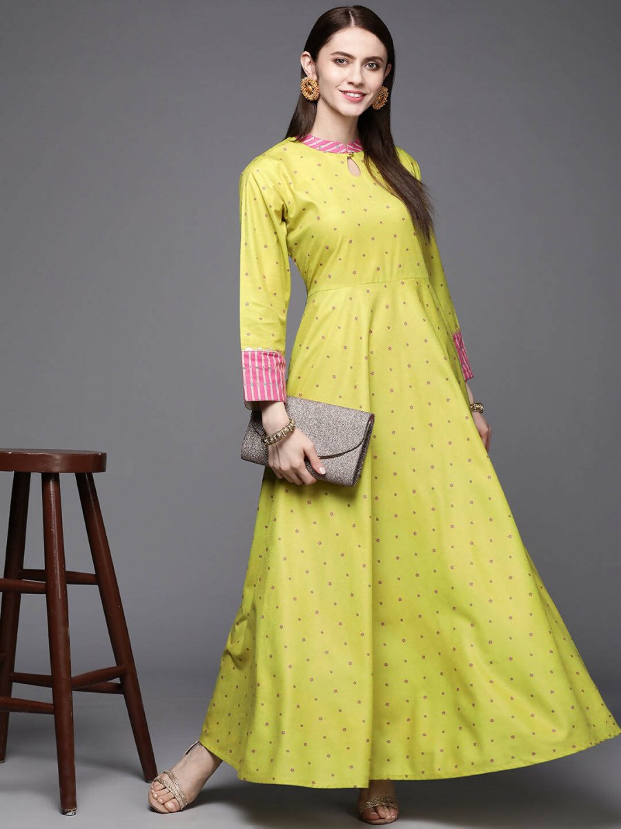 Ahalyaa Women Lime Yellow & Pink Printed Pleated A-Line Maxi Ethnic Dress | Swadesiicart