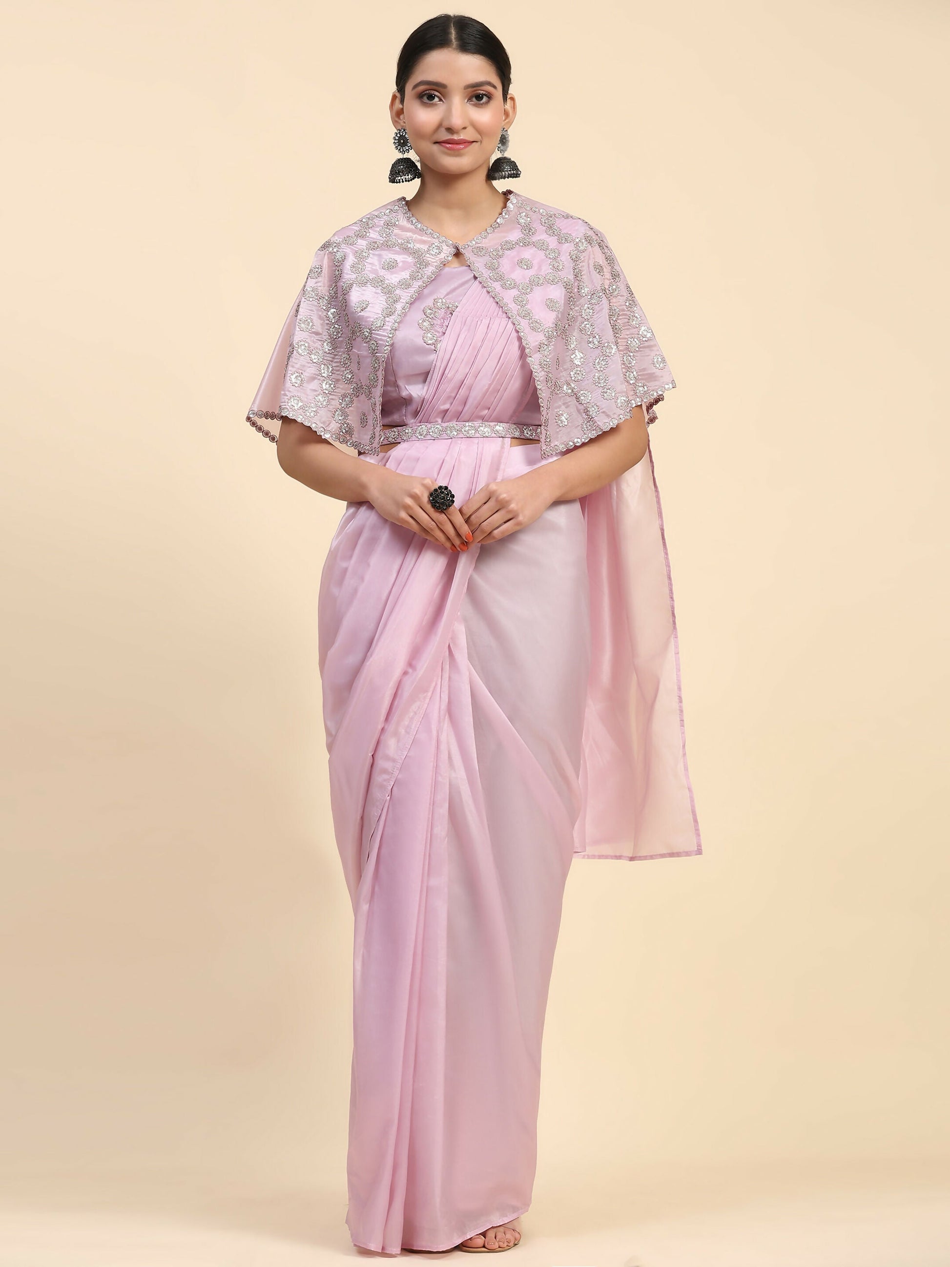 Light Lavendar Satin Solid Ready to wear Saree with stitched Blouse - Vanita | Swadesiicart