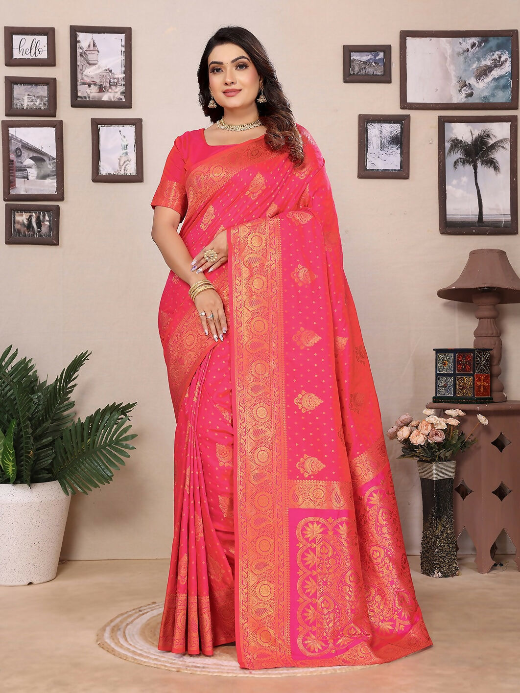 Joban Fashion Banarasi Pink Woven Soft Silk Saree | Swadesiicart