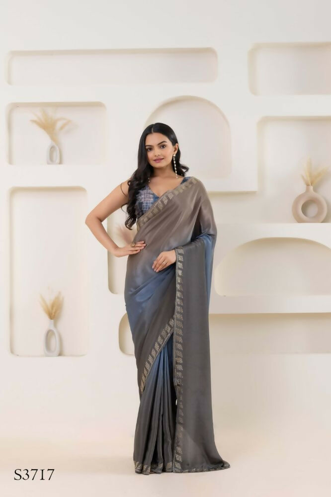 Grey Satin Pedding Designer, Printed Party Wear Ready To Wear Saree - Femina | Swadesiicart