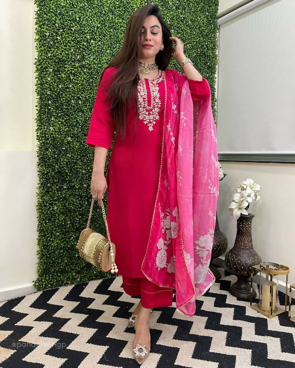 The52 Rani Women's Beautiful Viscose Chanderi Fabric Embroidered Work Straight Kurta Pant and Dupatta Set - Swadesiicart
