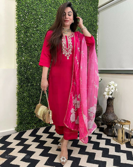 The52 Rani Women's Beautiful Viscose Chanderi Fabric Embroidered Work Straight Kurta Pant and Dupatta Set - Swadesiicart