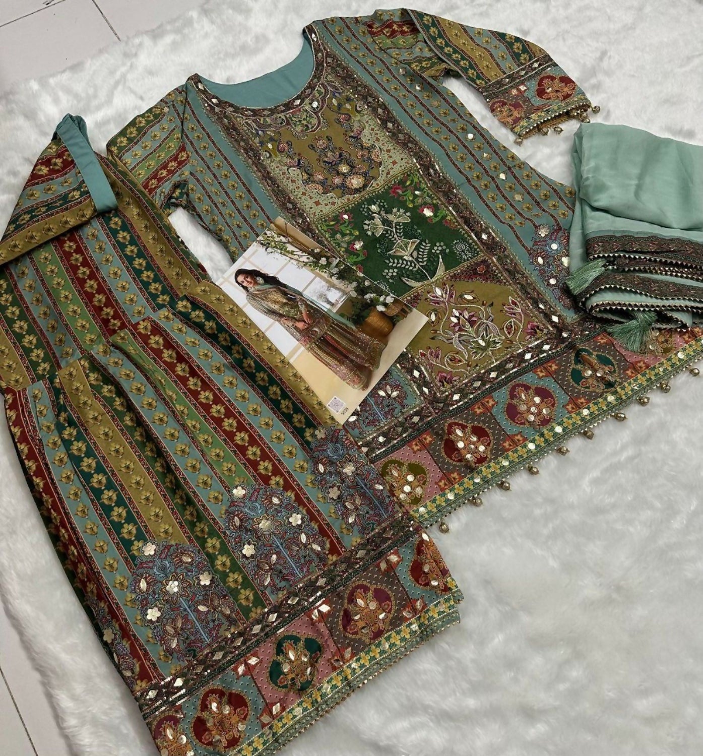 Anaita Sea Green Heavy Crepe Silk Ready Made Suit with Multi Digital Printed & Aari Work