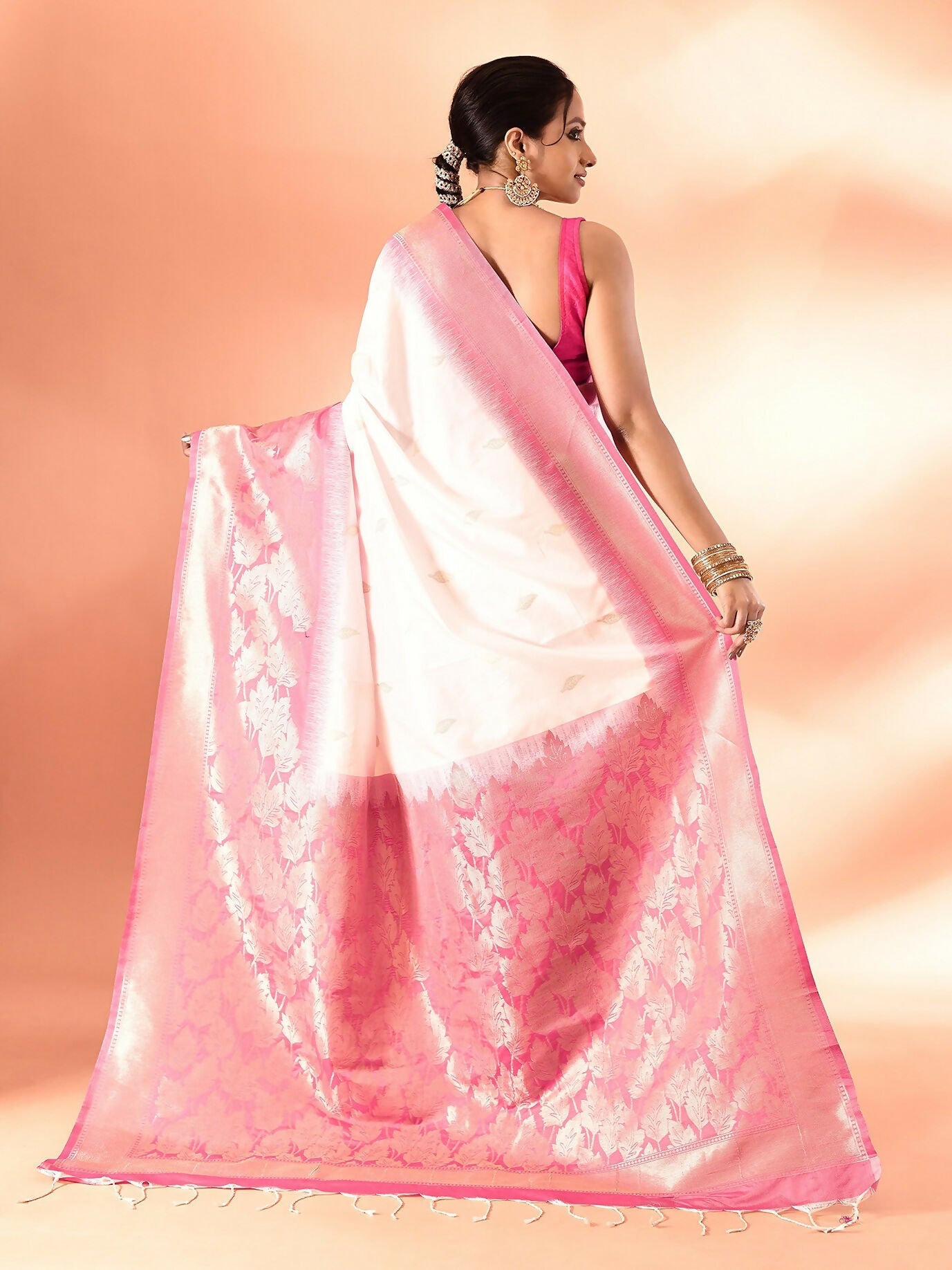 Joban Fashion White & Rani Pink Plain With Weaving Border Banarasi Silk Sarees | Swadesiicart