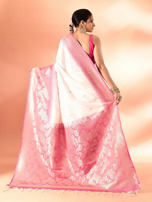 Joban Fashion White & Rani Pink Plain With Weaving Border Banarasi Silk Sarees | Swadesiicart
