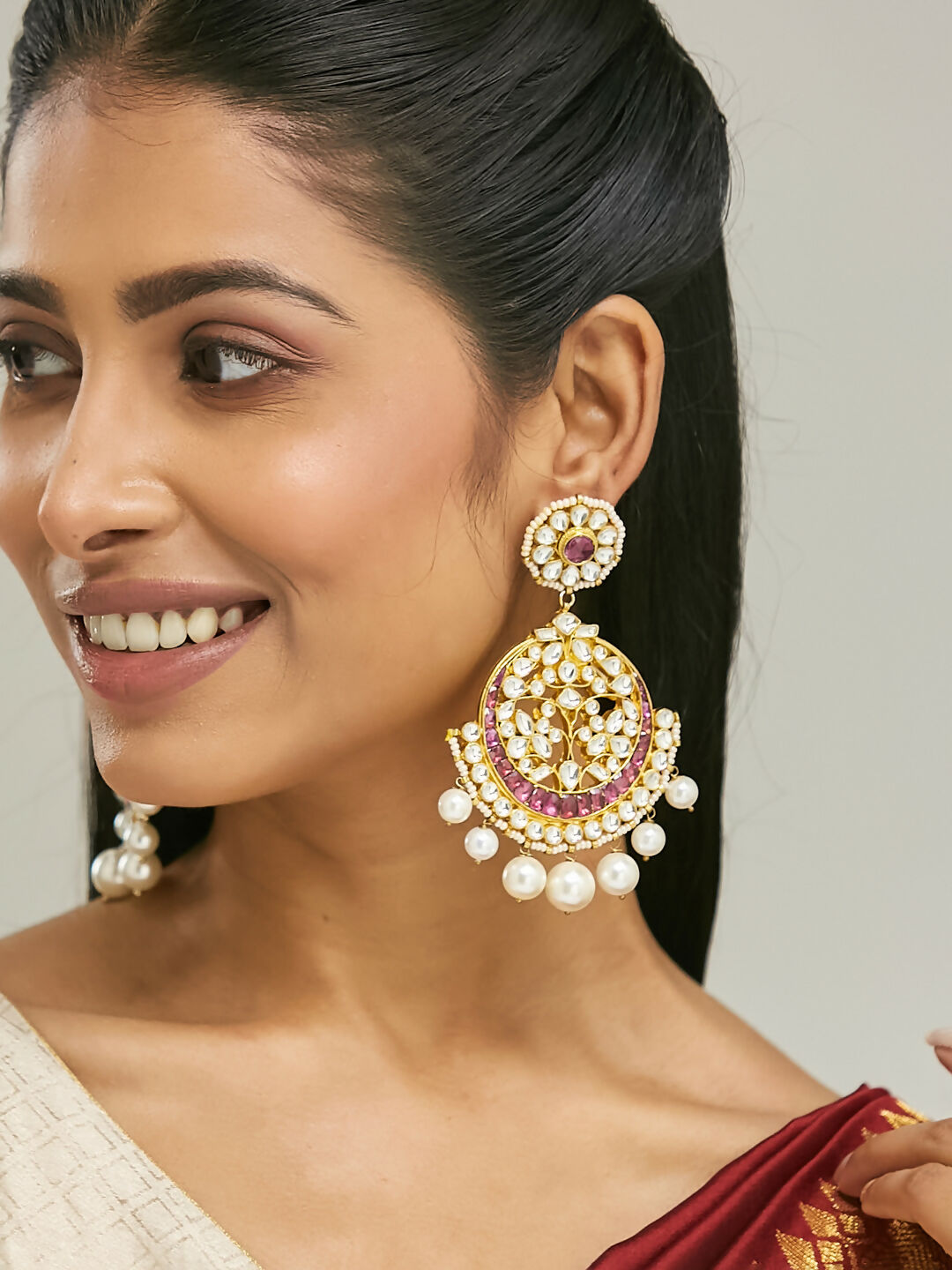 Nuyug 22K Gold-Plated Elegant Ruby & Kundan Stone Studded With Pearl Beaded Floral Chandbalis | Swadesiicart