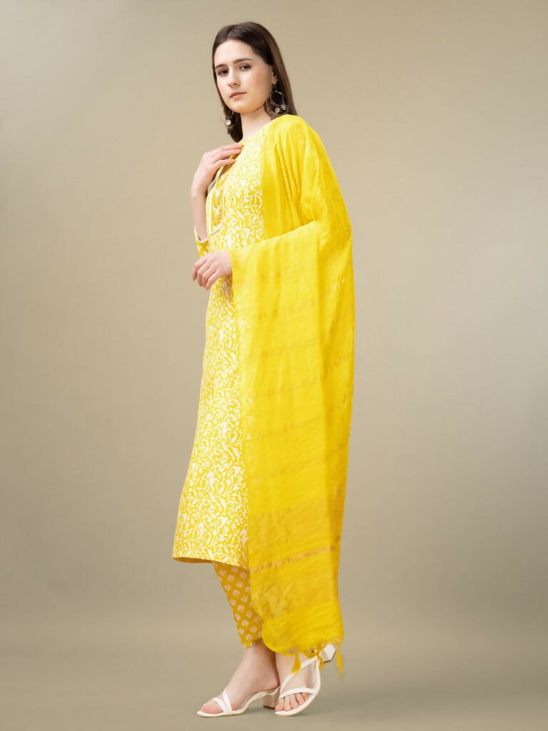 Jyoti Fashion Women's Yellow Rayon Embroidery & Sequence work Kurta with Trouser & Dupatta | Swadesiicart