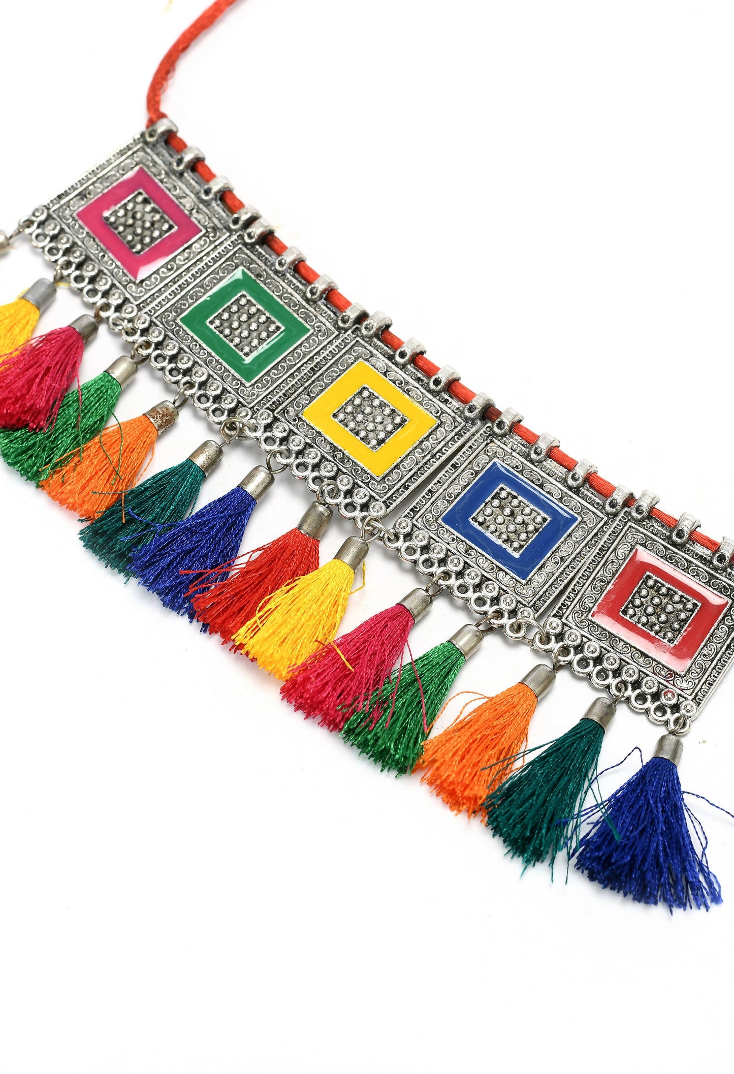 Mominos Fashion Johar Kamal Oxidised Silver-Plated Brass Finish Tassel Work Handicraft Choker For Women (Multi) | Swadesiicart