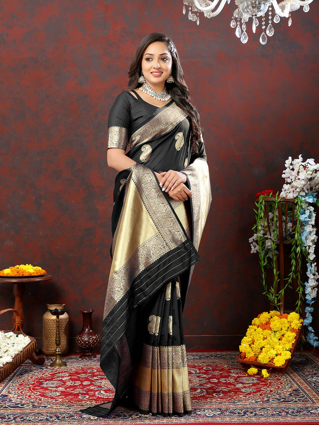 Lorenvalley Fashion Black Soft Silk Woven Design Gold Zari Weaving Saree - Swadesiicart