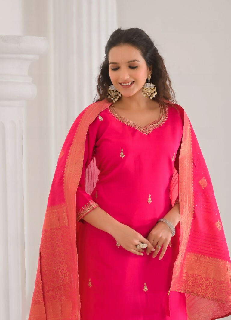 Ethnic Festive Wear Viscose Chanderi Pink Stitched Suit With Dupatta - Tanisha | Swadesiicart