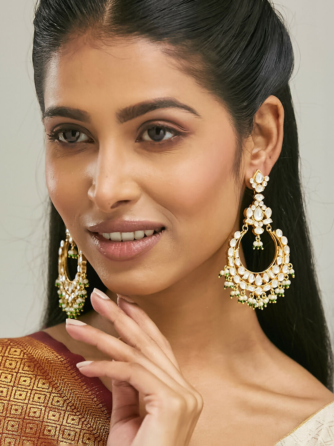 Nuyug 22K Gold-Plated Elegant Kundan Studded & Beaded Floral Chandbali Earrings | Swadesiicart
