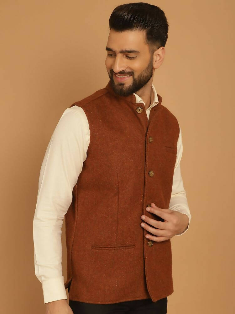 Even Apparels Pure Wool Nehru Jacket - Brown | Swadesiicart
