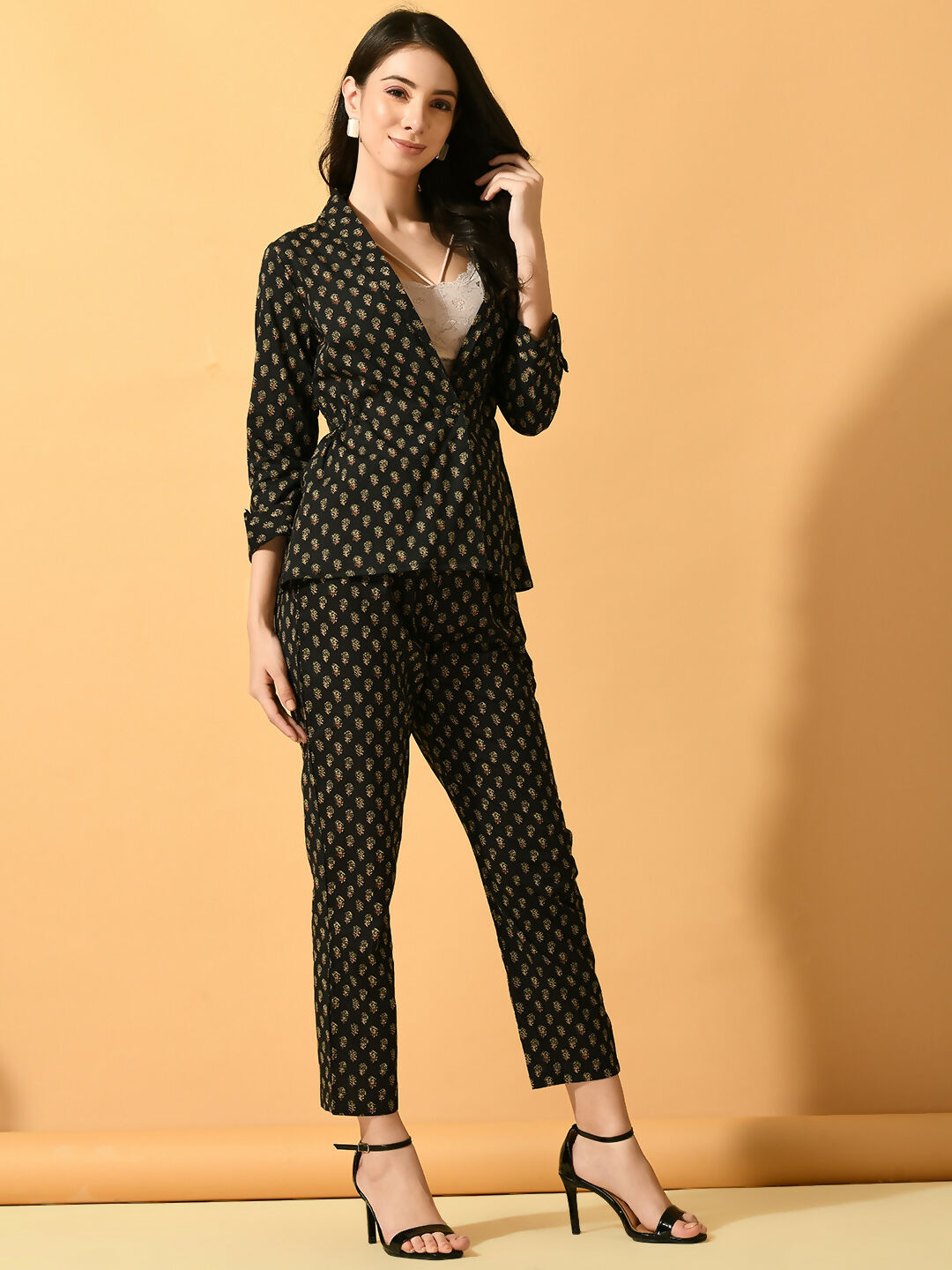 Myshka Women's Black Printed Coat With Trousers - Swadesiicart