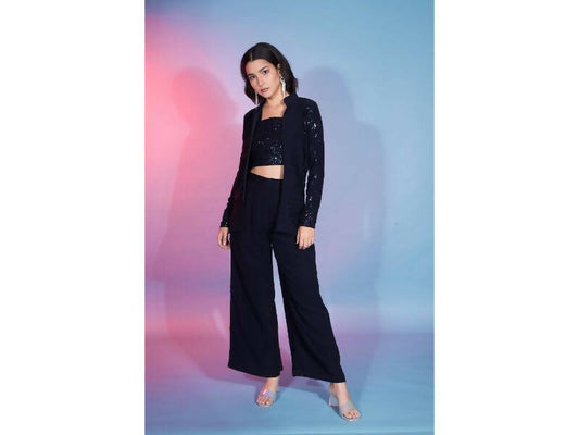 Navy Georgette Sequence With Thread Designer Co-Ord Set - Flory - Swadesiicart