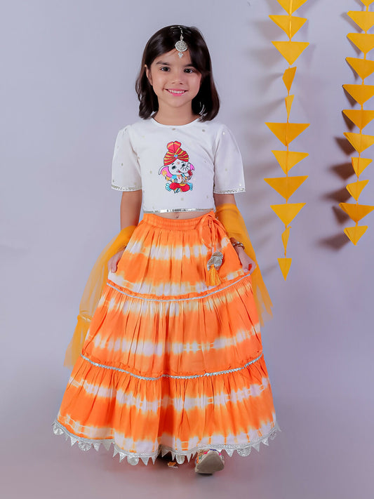 Lil Drama Janmashtami Girls Orange Lehanga and White Choli with Dupatta Ethnic Set | Swadesiicart